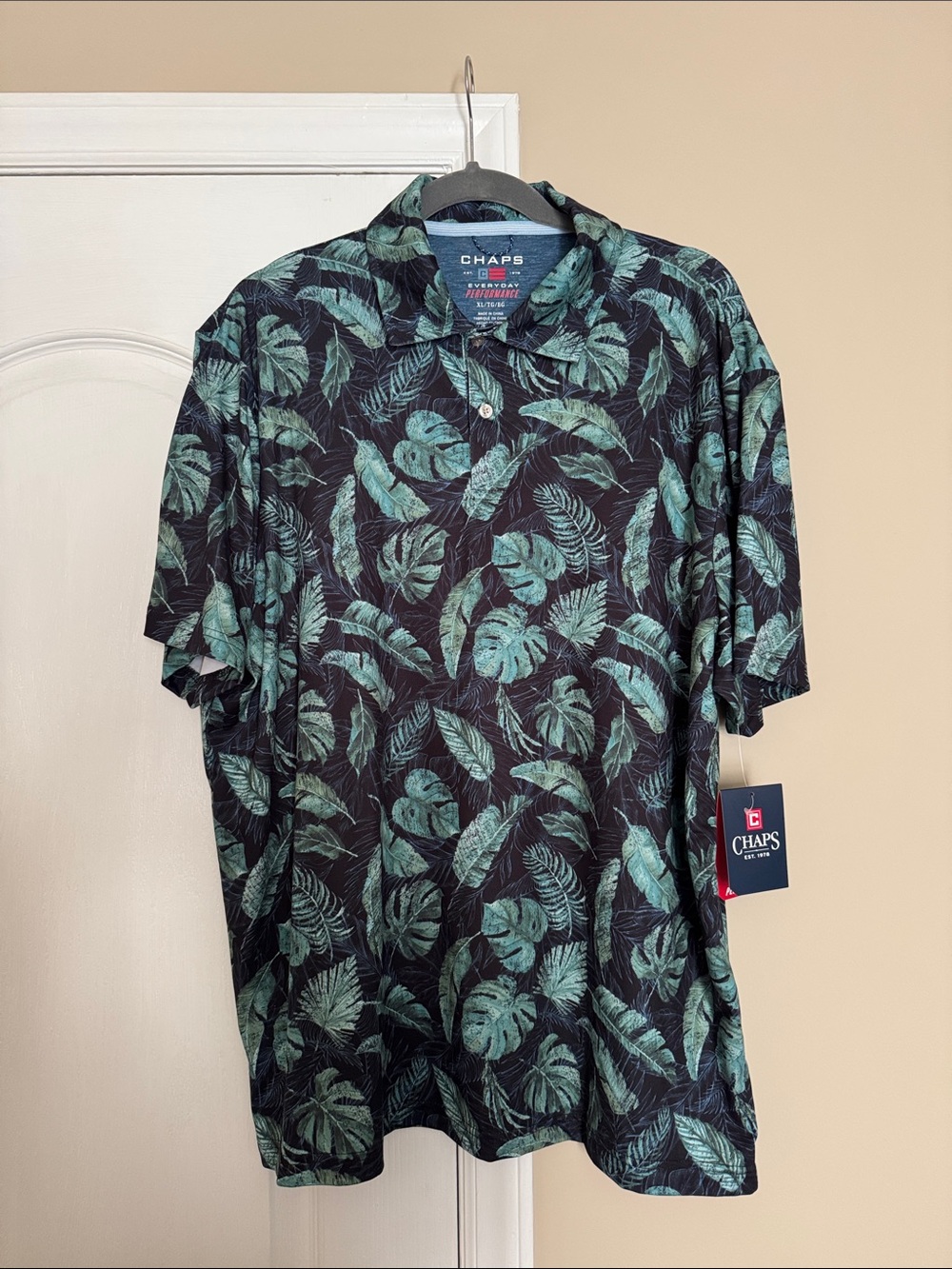Chaps Men’s Black Polo with Teal Palm Leaf Print
